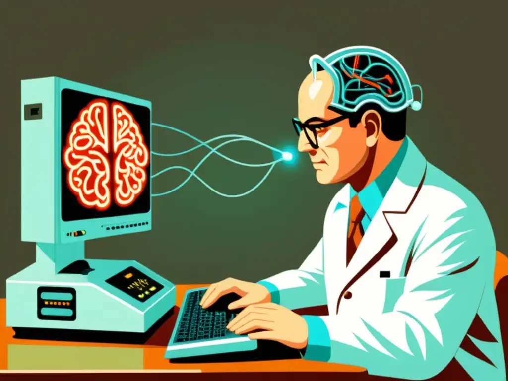 Conexión histórica: evolución de interfaces cerebro-computadora Un científico conecta cables del ordenador al cerebro, representando la evolución de las interfaces cerebrocomputadora en la historia de la ciencia