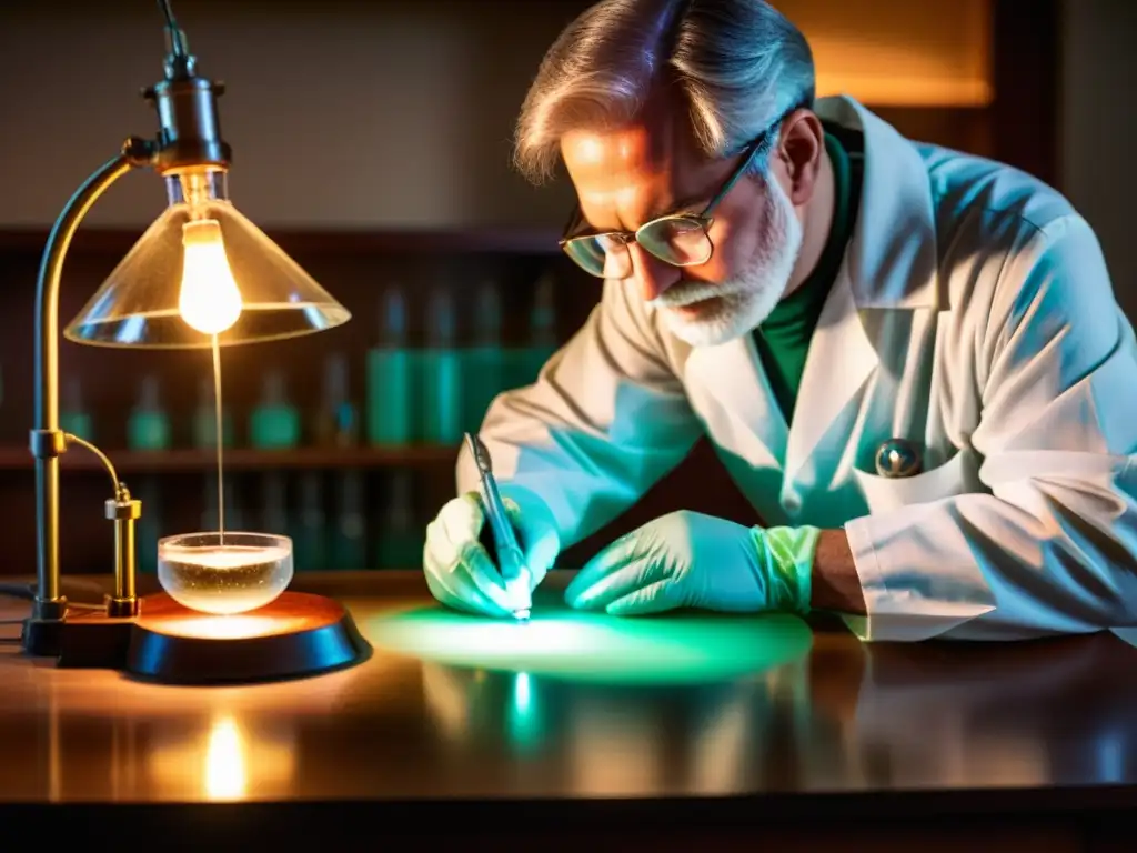 Extracción de células madre: descubrimiento vintage en el laboratorio Un científico extrae con cuidado células madre de una placa de Petri, iluminado por una lámpara antigua