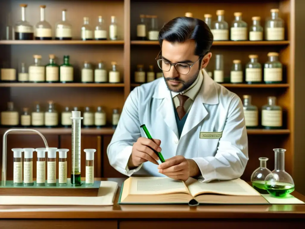 Un científico descubre la estructura química de la aspirina en un laboratorio histórico, evocando la historia de la aspirina en farmacología