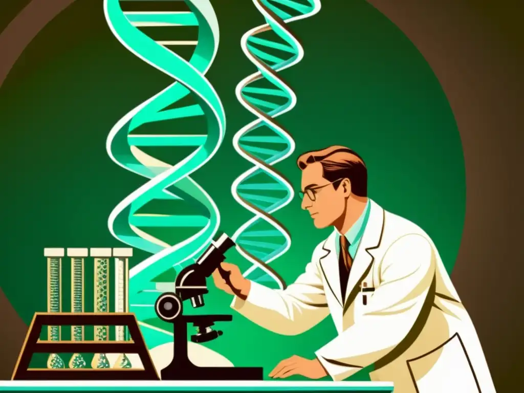 Un científico manipula con precisión hebras de ADN bajo un microscopio en un laboratorio vintage