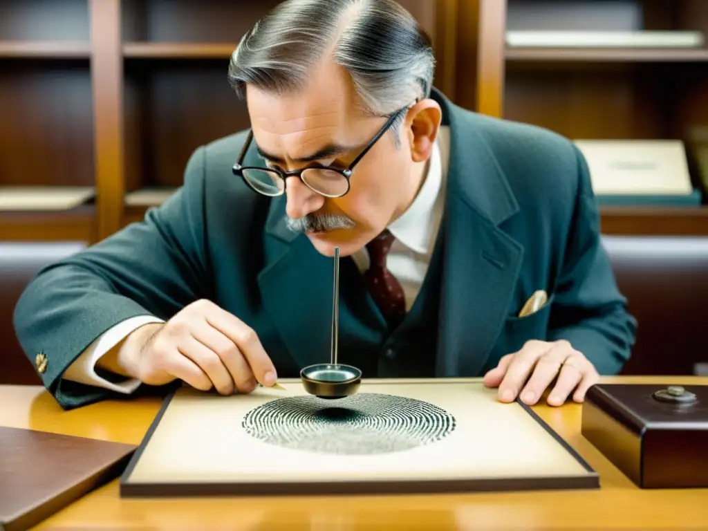 Un científico examina una huella dactilar con una lupa vintage en un laboratorio antiguo, evocando el desarrollo de la identificación biométrica