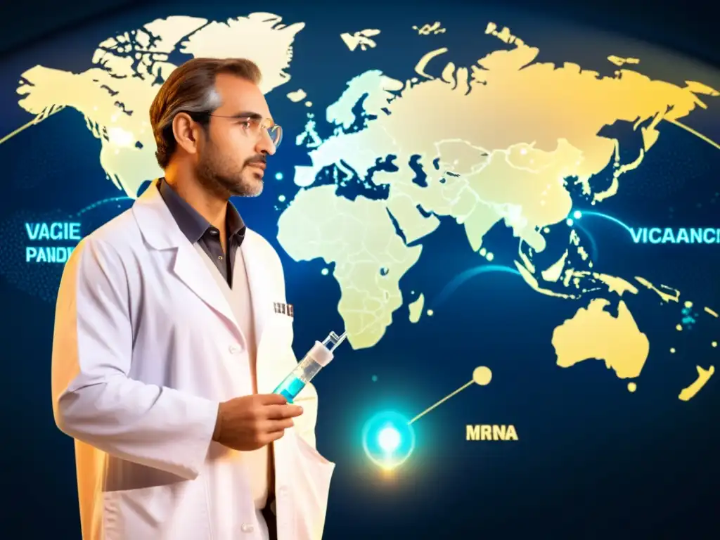 Un científico sostiene una jeringa con vacuna ARNm, rodeado de ADN y un mapa mundial, expresando determinación y esperanza