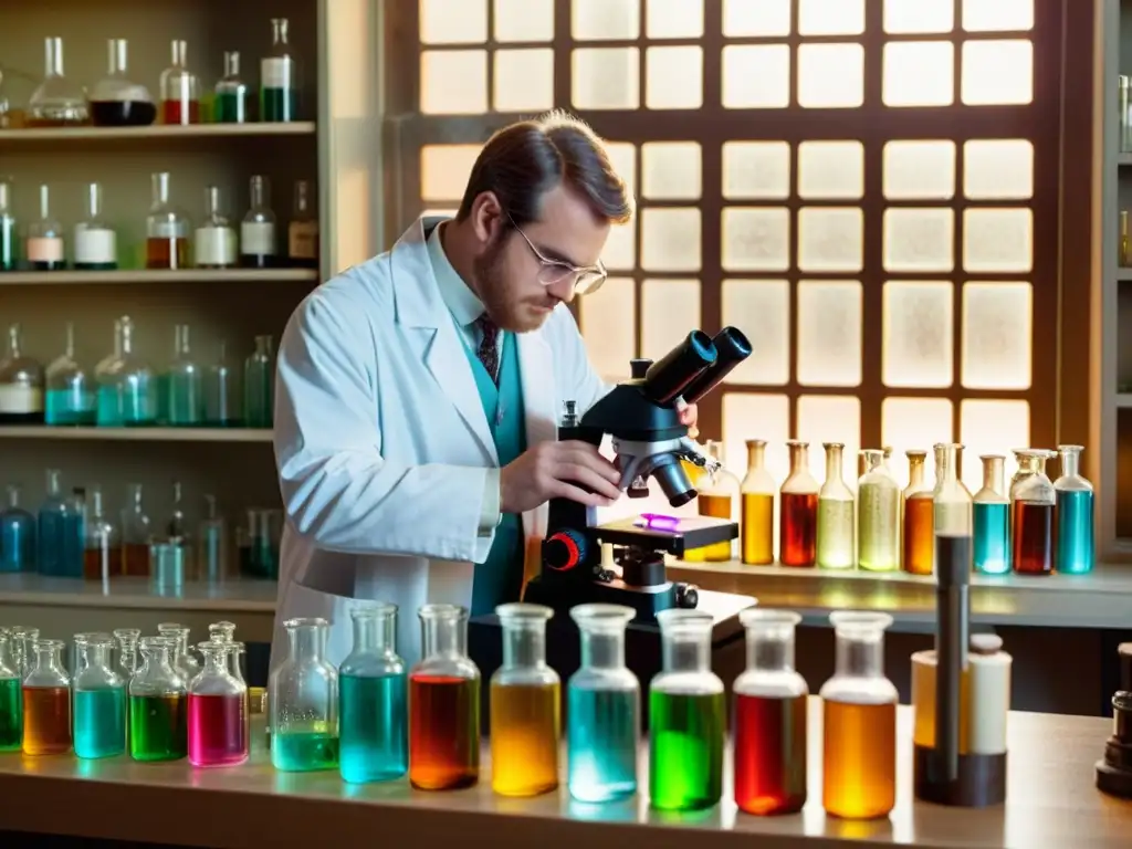 Un científico en un laboratorio antiguo lleno de frascos y probetas, evocando la importancia de la biotecnología en medicamentos