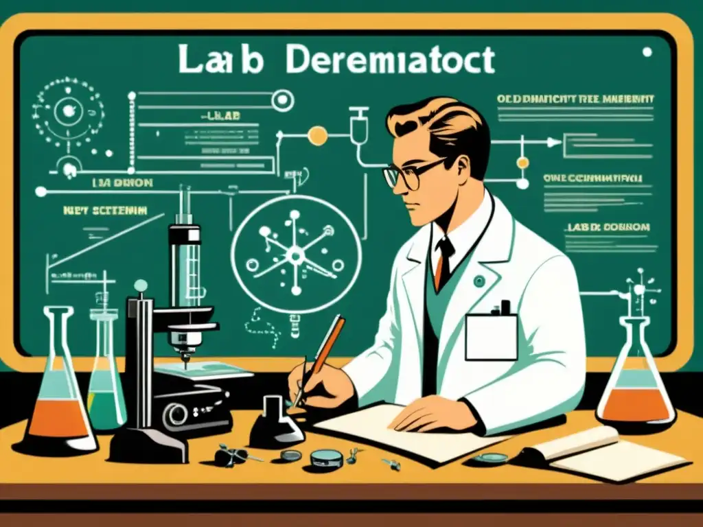 Un científico en su laboratorio, creando innovaciones tecnológicas rodeado de equipamiento vintage