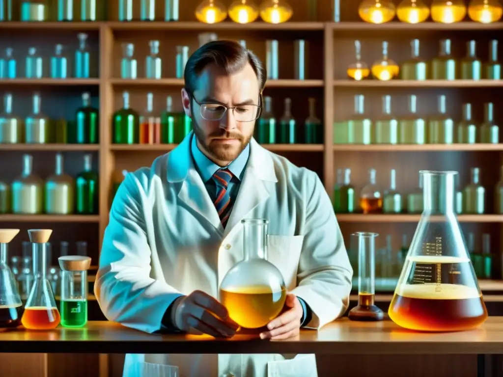 Un científico en un laboratorio monitorea el proceso de fermentación en frascos de vidrio, rodeado de equipo científico