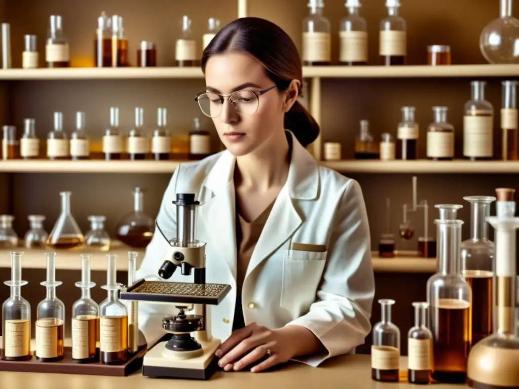 Un científico en su laboratorio rodeado de equipo médico antiguo, trabajando en nanotecnología