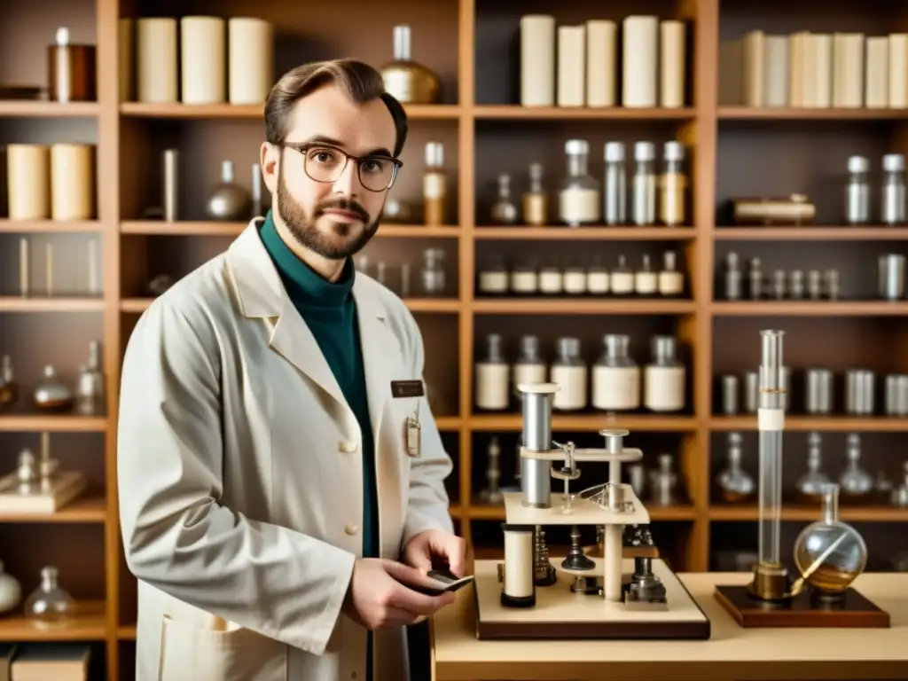 Un científico trabaja en un laboratorio rodeado de libros y equipos antiguos, desarrollando metamateriales