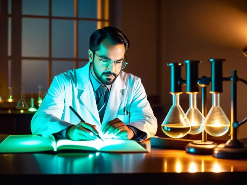 Un científico analiza ADN en un laboratorio vintage, evocando descubrimiento científico