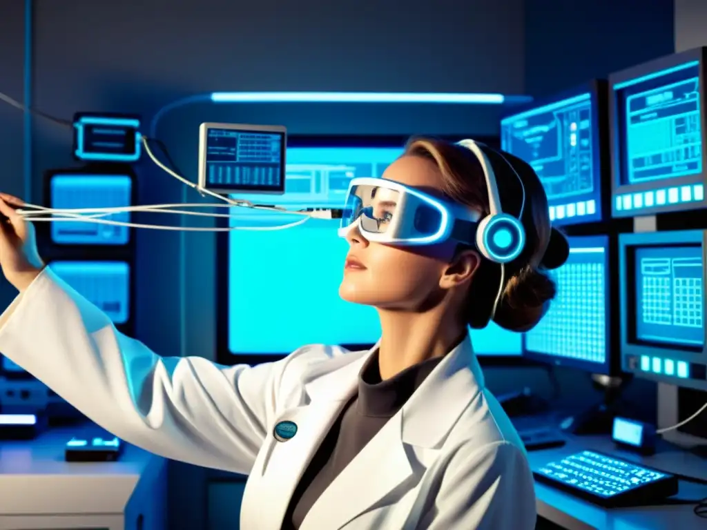 Experimento de interfaz cerebro-computadora vintage Un científico en un laboratorio vintage ajusta interfaces cerebrocomputadora en la cabeza de un sujeto, rodeado de dispositivos futuristas