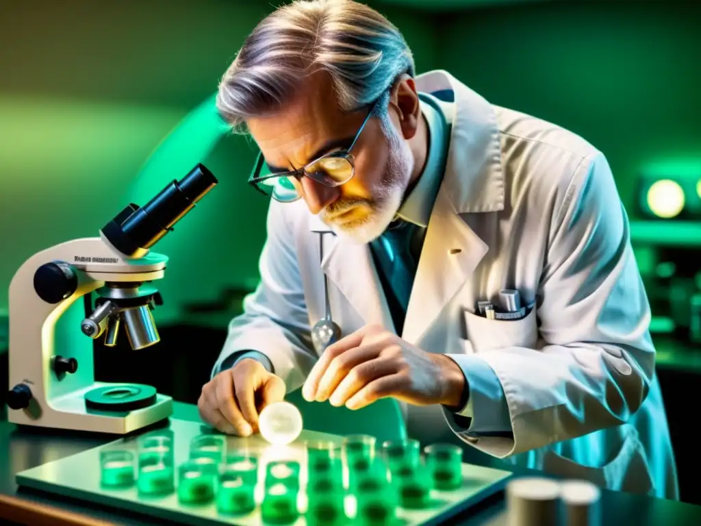 Exploración detallada de células madre en laboratorio vintage Un científico examina con atención células madre en un laboratorio