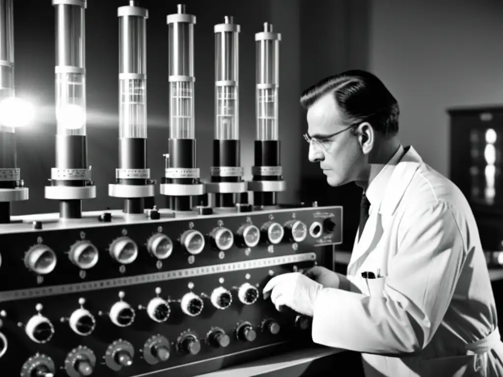 Un científico ajusta una máquina antigua con dials y tubos de vidrio, en medio de una atmósfera histórica