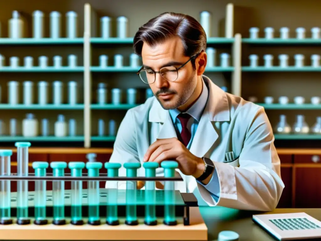 Un científico manipula ADN bajo el microscopio en un laboratorio vintage