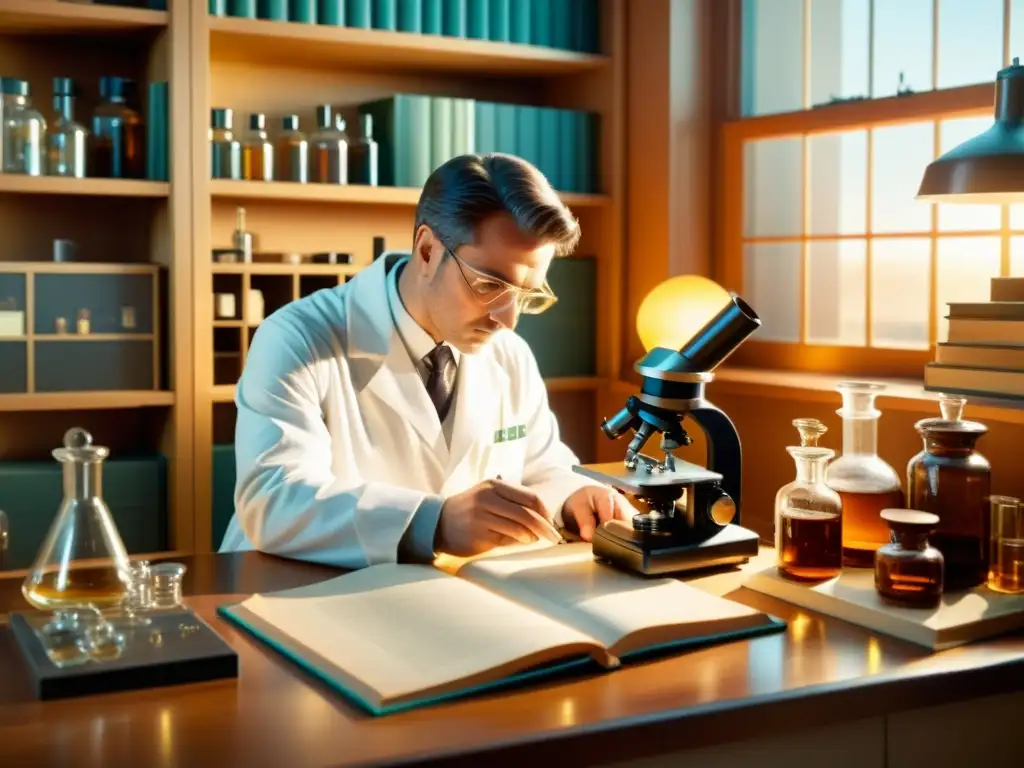 Un científico examina una muestra bajo el microscopio en un laboratorio vintage, rodeado de equipamiento científico antiguo y libros polvorientos