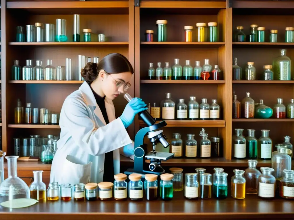 Un científico examina muestras en un laboratorio vintage, resaltando la importancia de la biotecnología en medicamentos