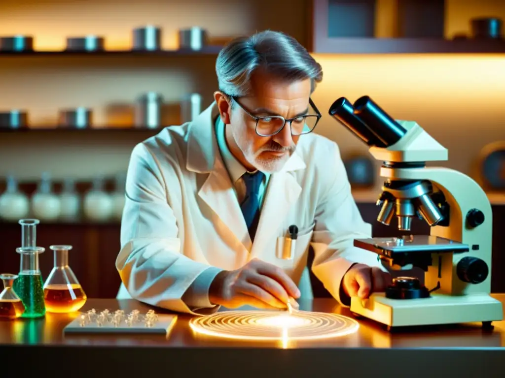 Un científico examina un polímero conductor bajo microscopio en un laboratorio vintage