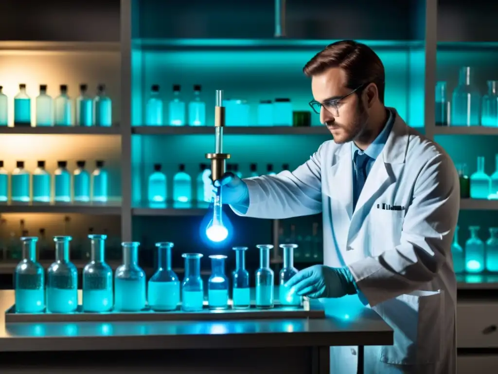 Un científico manipula ADN recombinante en un laboratorio vintage, creando una atmósfera de descubrimiento científico y misterio