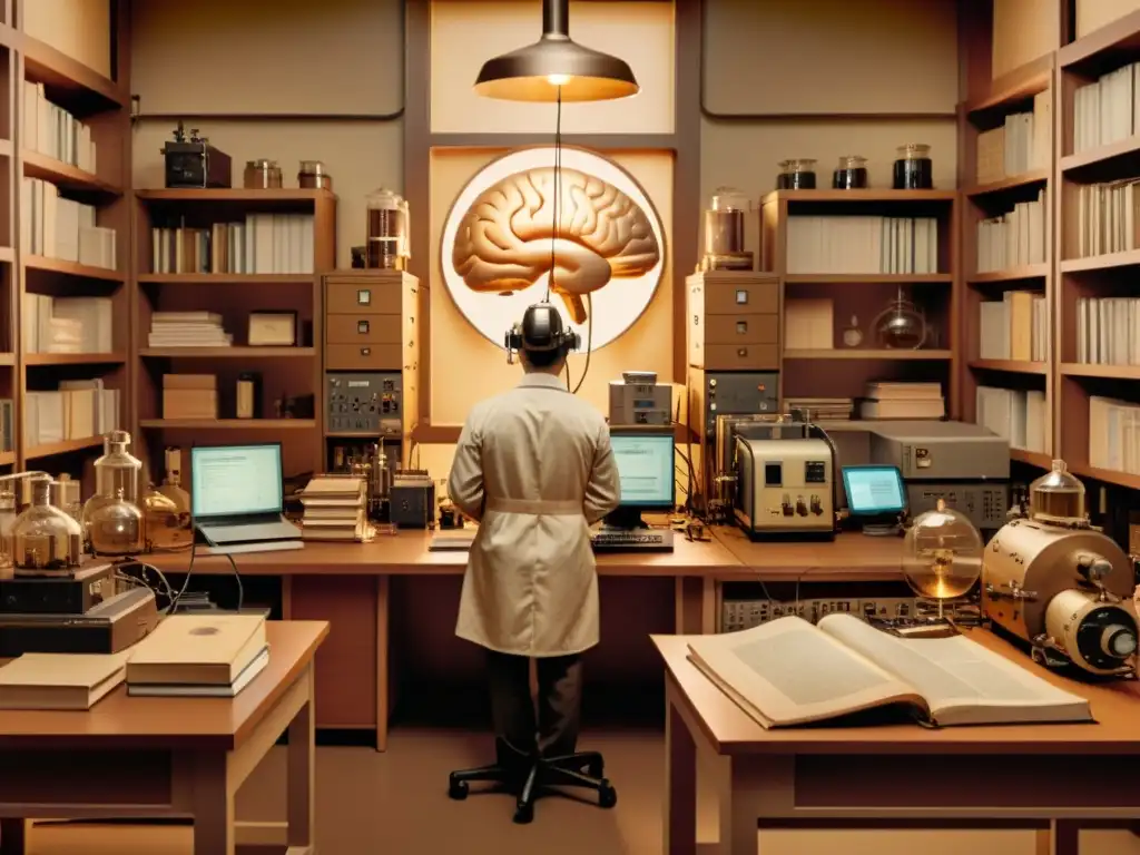 Ilustración vintage: Científico en lab con interfaz cerebro-computadora Un científico rodeado de maquinaria antigua y computadoras, conectado a un cerebro humano en una cámara de vidrio