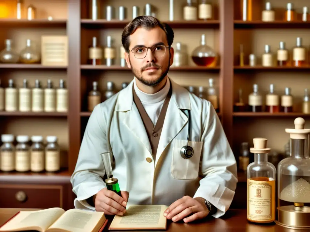 Un científico sostiene una vacuna en su laboratorio, rodeado de equipo médico histórico y libros, con una iluminación cálida