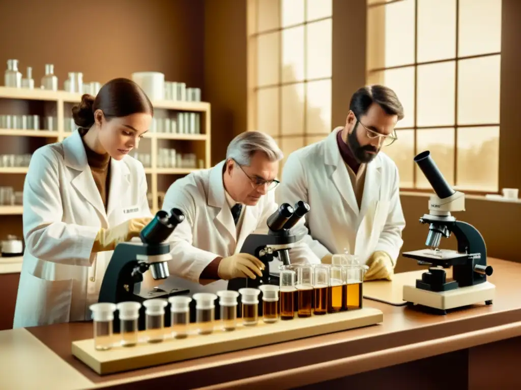 Científicos en laboratorio vintage observan reacción de anticuerpos con células bajo microscopio