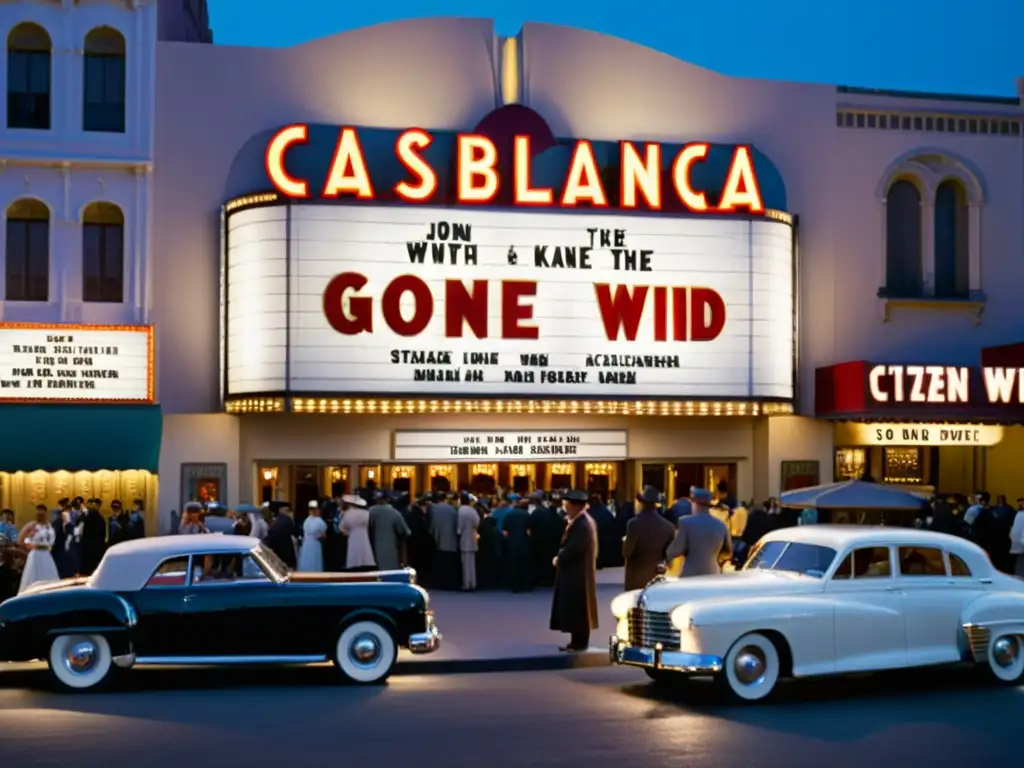 Marquesina de cine vintage con títulos clásicos y multitud esperando