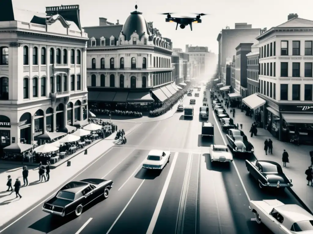 Contraste urbano: drone moderno sobre ciudad vintage Una ciudad bulliciosa de antaño con un dron sobrevolando, fusionando lo clásico con lo moderno, destacando el impacto de los drones en la sociedad moderna