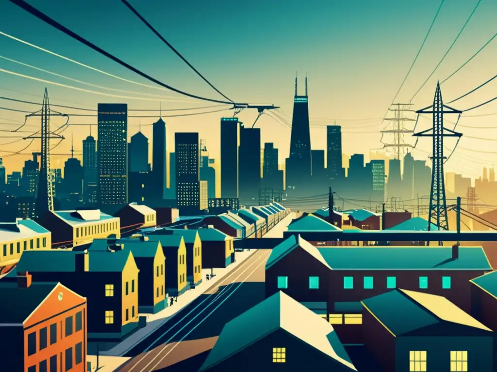 Una ilustración vintage de una ciudad bulliciosa con líneas de energía interconectadas, mostrando la transición hacia las smart grids