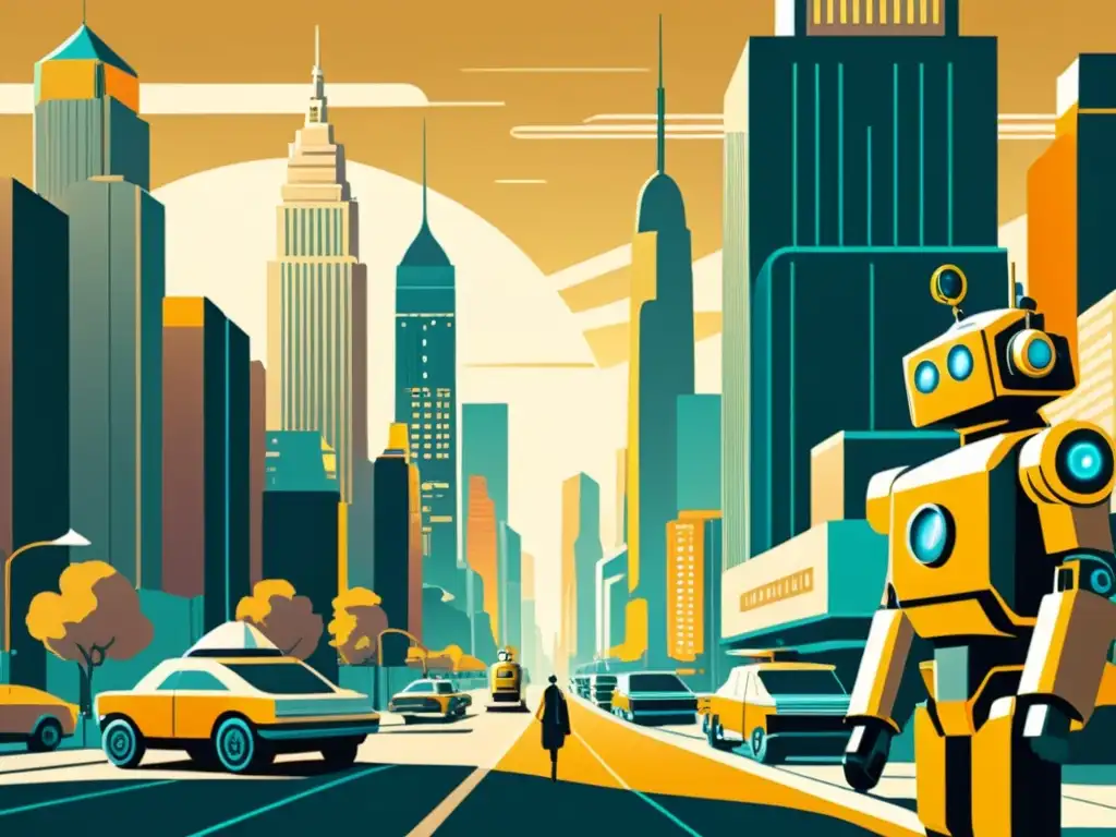 Una ilustración vintage de una ciudad bulliciosa con rascacielos y robots futuristas integrándose con los peatones