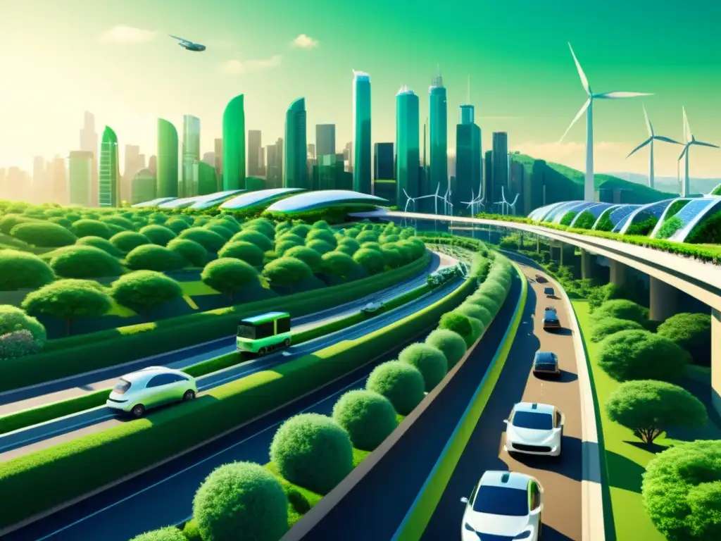 Una ciudad bulliciosa con tecnología verde futurista, vehículos ecoamigables y energía sostenible