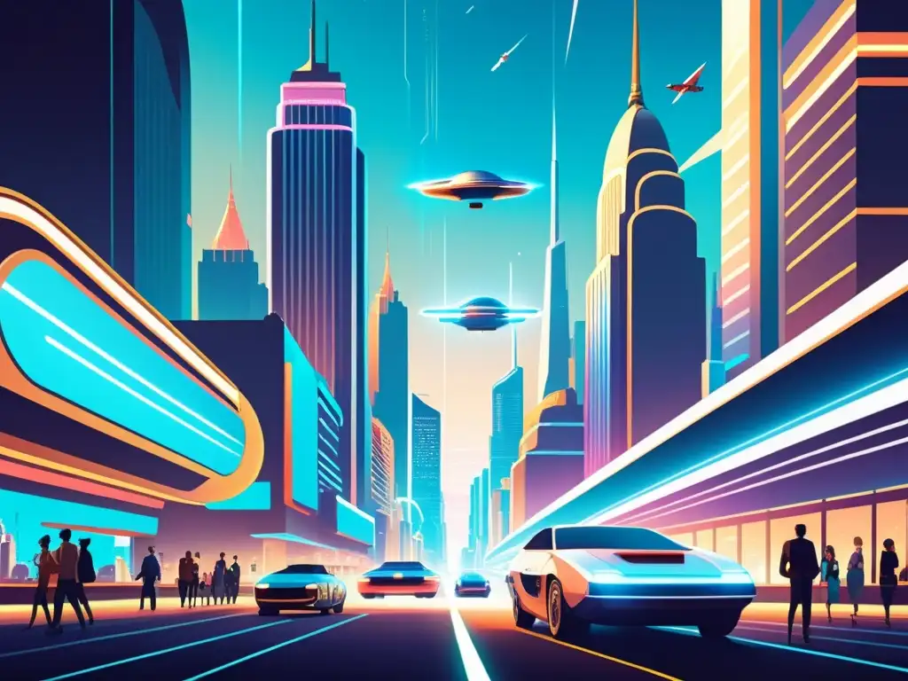 Una ilustración vintage de una ciudad futurista con aplicaciones de inteligencia artificial en reconocimiento de patrones