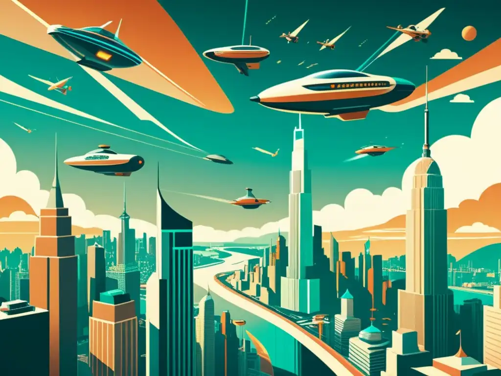 Una ilustración vintage de una ciudad futurista con autos voladores y rascacielos imponentes, evocando innovación y progreso tecnológico