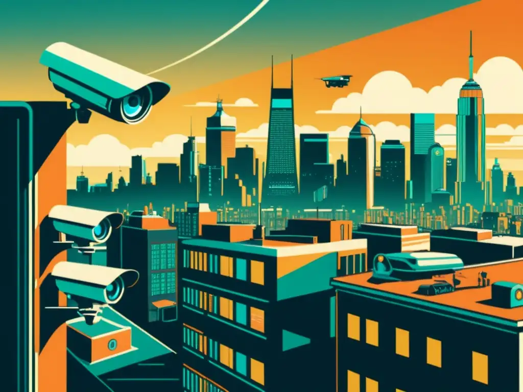 Una ilustración vintage de una ciudad futurista con cámaras de seguridad integradas en cada edificio y esquina, mostrando la evolución de cámaras de seguridad y el impacto de la inteligencia artificial en la vigilancia