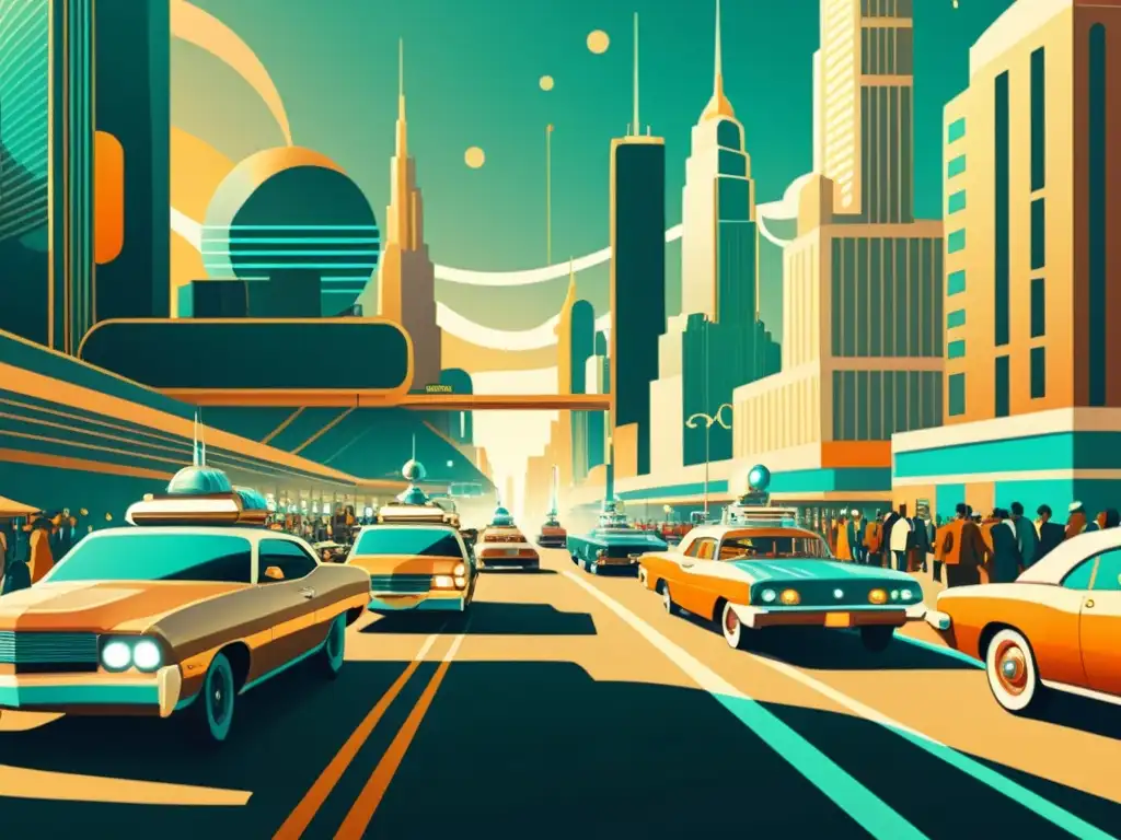 Una ilustración vintage de una ciudad futurista con dispositivos interconectados y tecnología brillante integrada en la vida cotidiana