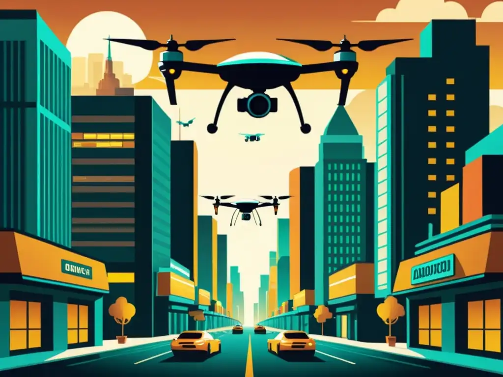 Una ilustración vintage de una ciudad futurista con drones y sistemas de vigilancia AI, mostrando la importancia de la inteligencia artificial en la lucha contra el crimen financiero