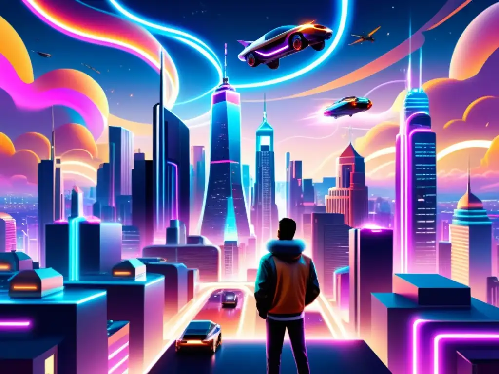 Una ilustración vintage de una ciudad futurista con edificios metálicos brillantes y luces de neón, rodeada de plasma eléctrico