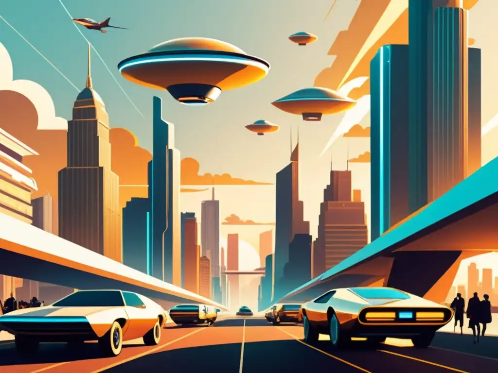 Una ilustración vintage de una ciudad futurista, con edificios metálicos y coches voladores en un ambiente nostálgico