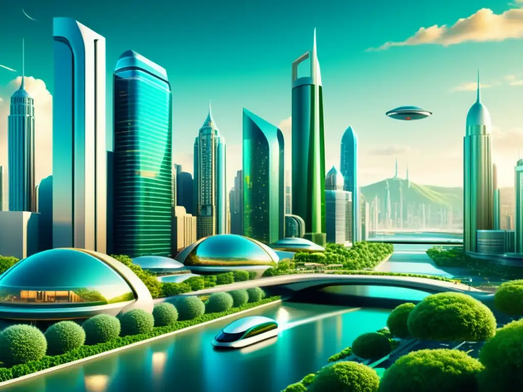 Una ilustración vintage de una ciudad futurista con edificios de nanotecnología, transporte avanzado y un toque de naturaleza