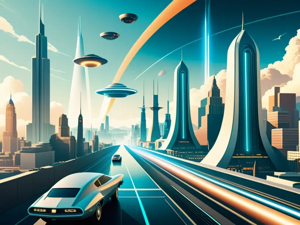 Una ilustración vintage de una ciudad futurista con edificios superconductores que exudan un potencial revolucionario en la tecnología del mañana