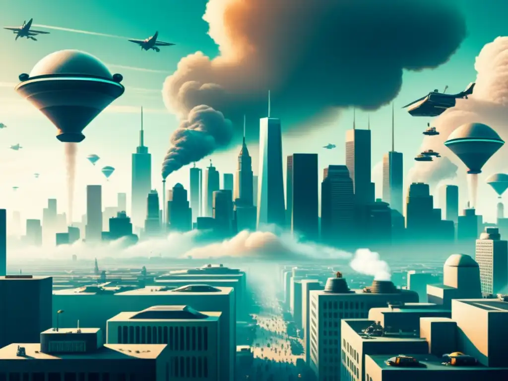 Una ilustración vintage de una ciudad futurista envuelta en smog, con máquinas gigantes rociando aerosoles para combatir el cambio climático