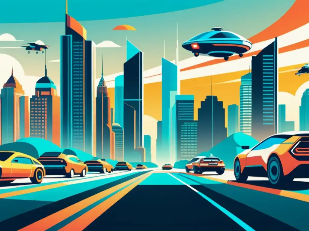 Una ilustración vintage de una ciudad futurista con integración de inteligencia artificial en seguros