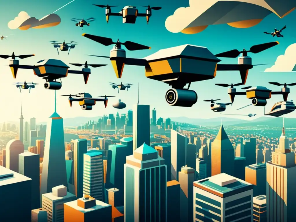 Una ilustración vintage de una ciudad futurista llena de actividad, con drones de diferentes tamaños y diseños zumbando por el aire