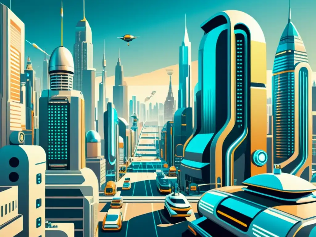 Una ilustración vintage de una ciudad futurista llena de robots metálicos realizando tareas diarias