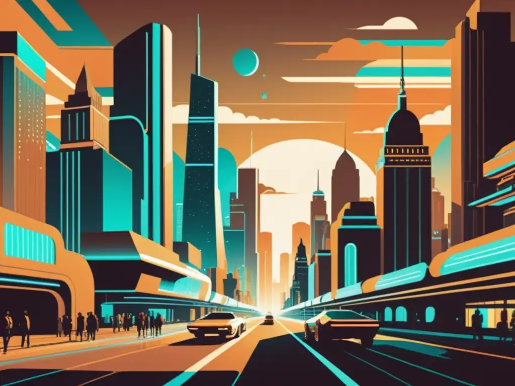 Una ilustración vintage de una ciudad futurista con proyecciones holográficas que se mezclan con el entorno físico