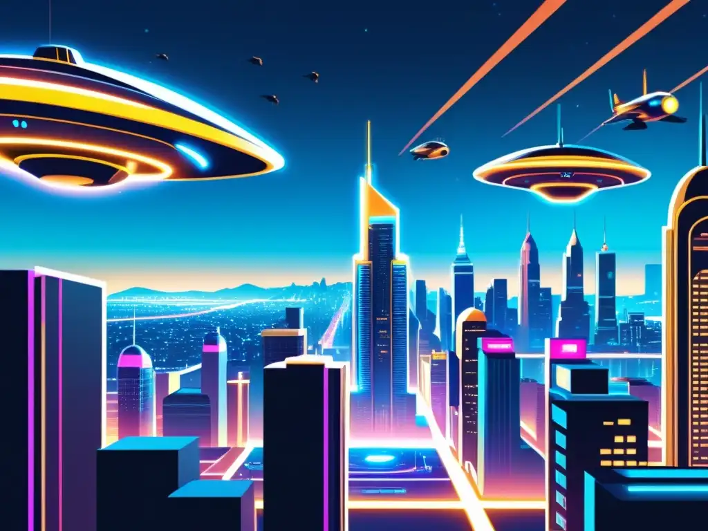 Una ilustración vintage de una ciudad futurista con rascacielos adornados con luces de neón y autos voladores