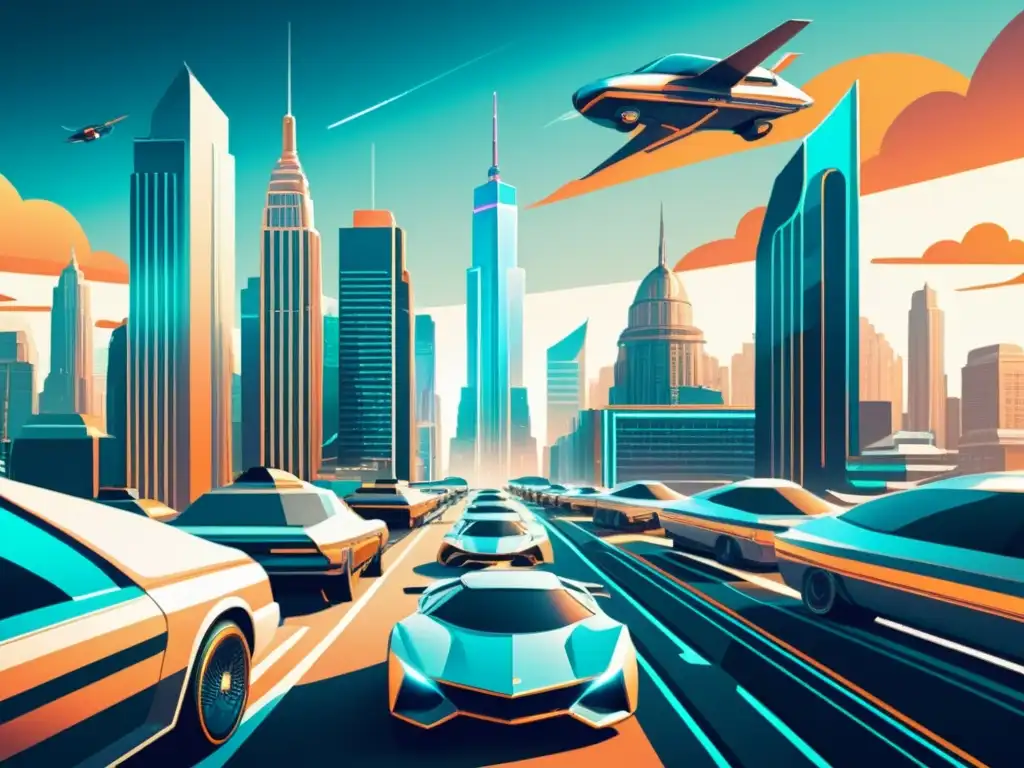 Futurismo retro: Ciudad patentada del mañana Una ilustración vintage de una ciudad futurista con rascacielos y autos voladores entre ellos