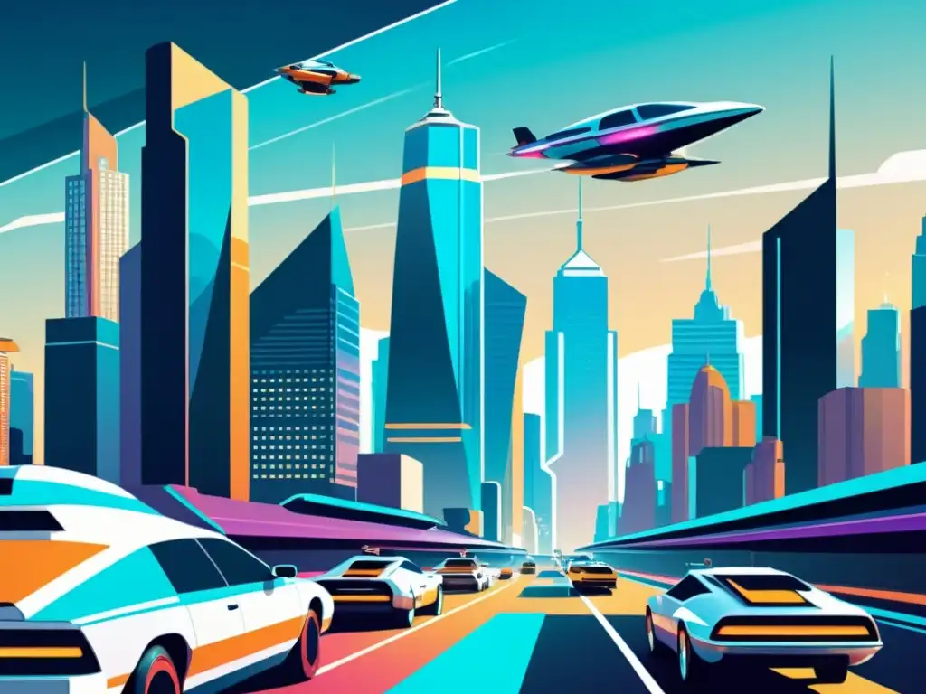 Una ilustración vintage de una ciudad futurista con rascacielos elegantes y autos voladores