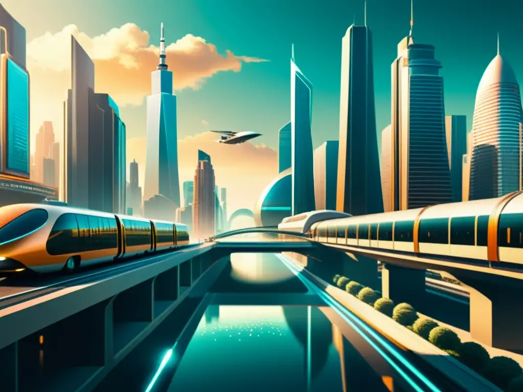 Una ilustración vintage de una ciudad futurista con rascacielos interconectados por puentes y pasarelas