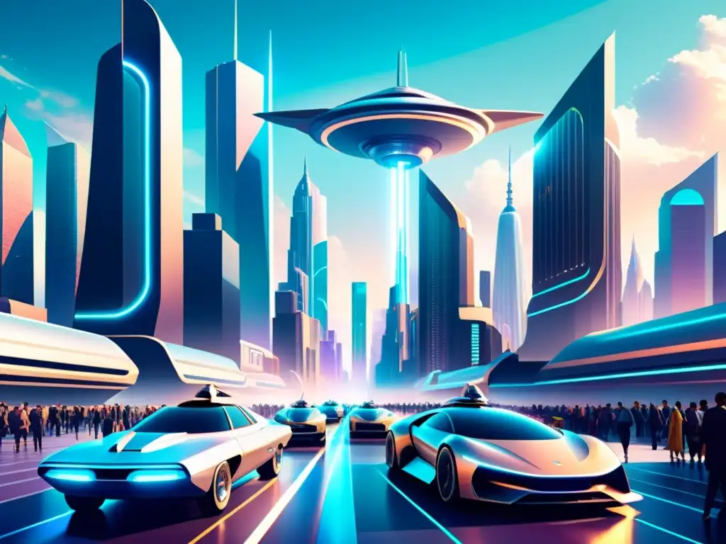 Una ilustración vintage de una ciudad futurista con rascacielos metálicos y nanotecnología integrada