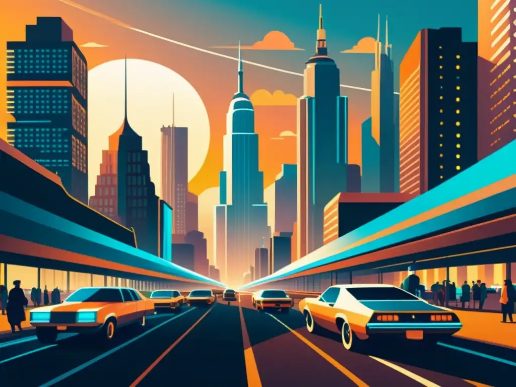 Una ilustración vintage de una ciudad futurista con rascacielos metálicos, vehículos AI y un atardecer nostálgico