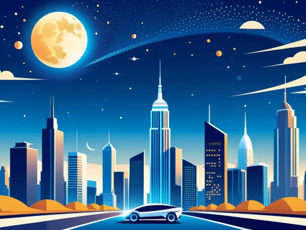 Innovaciones nanotecnológicas: Ciudad futurista Una ilustración vintage de una ciudad futurista con rascacielos reflectantes y diseño nanotecnológico