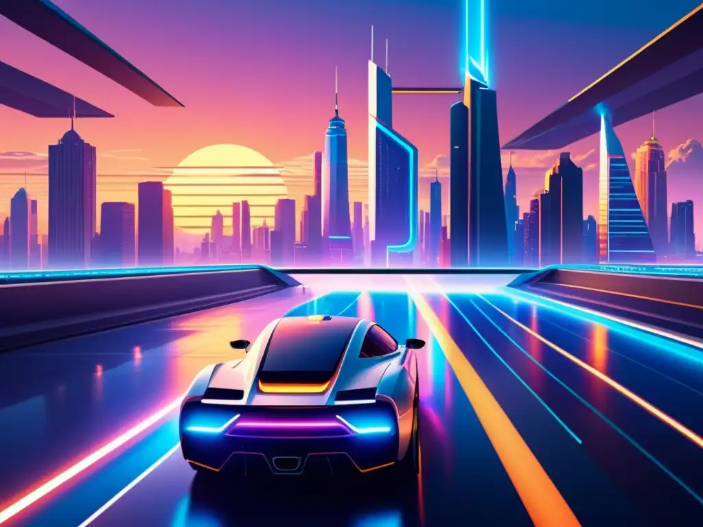 Una ilustración vintage de una ciudad futurista, con rascacielos relucientes, luces de neón y un atardecer cálido